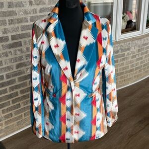 L&B Teal, White & Orange Geometric Pattern Blazer